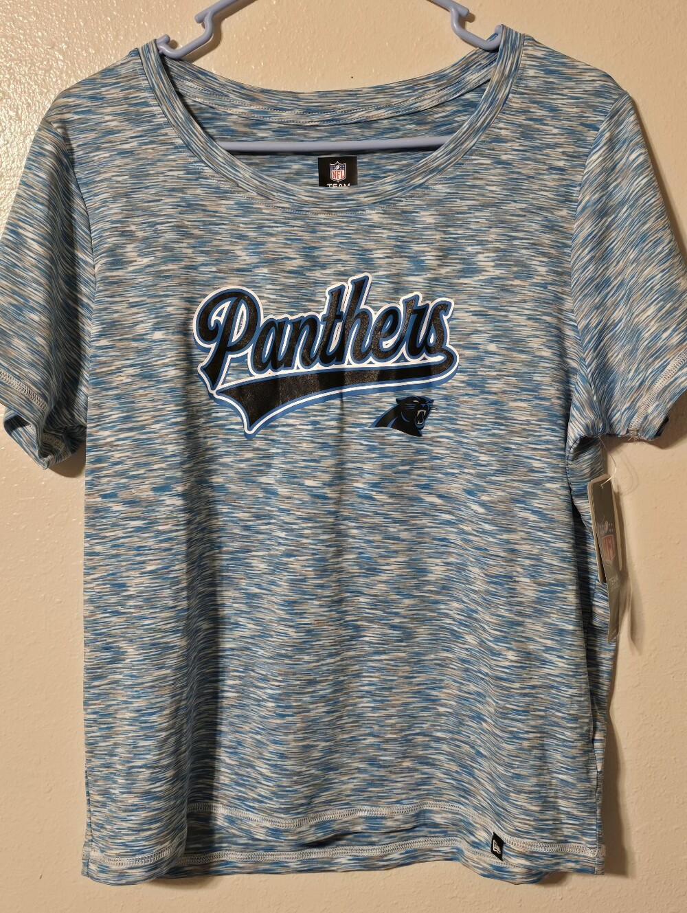 NWT New Era Women's Carolina Panthers Space Dye Glitter Logo T-Shirt Size L